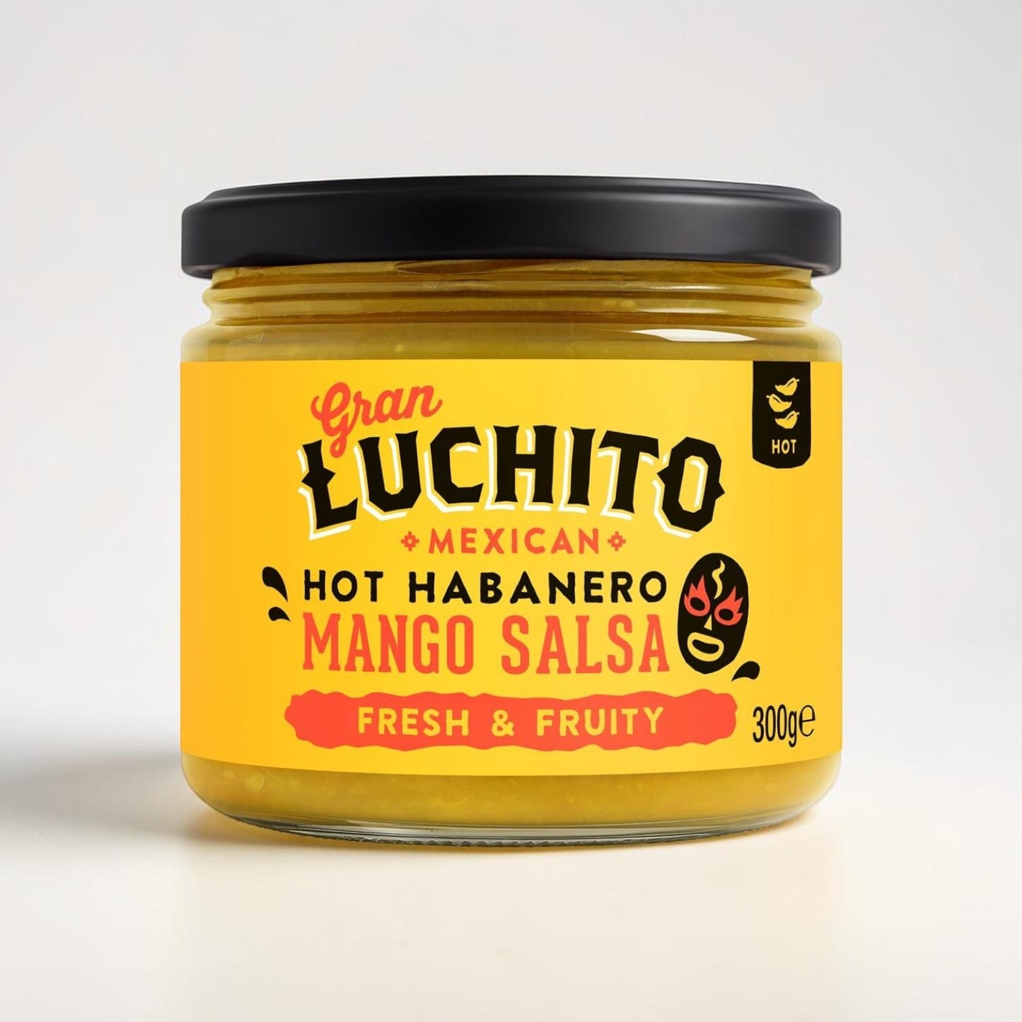 Gran Luchito Hot Habanero Mango Salsa in a 300g glass jar, sold by Saporia | Artisan UK Vegan Cheesemonger & Deli.