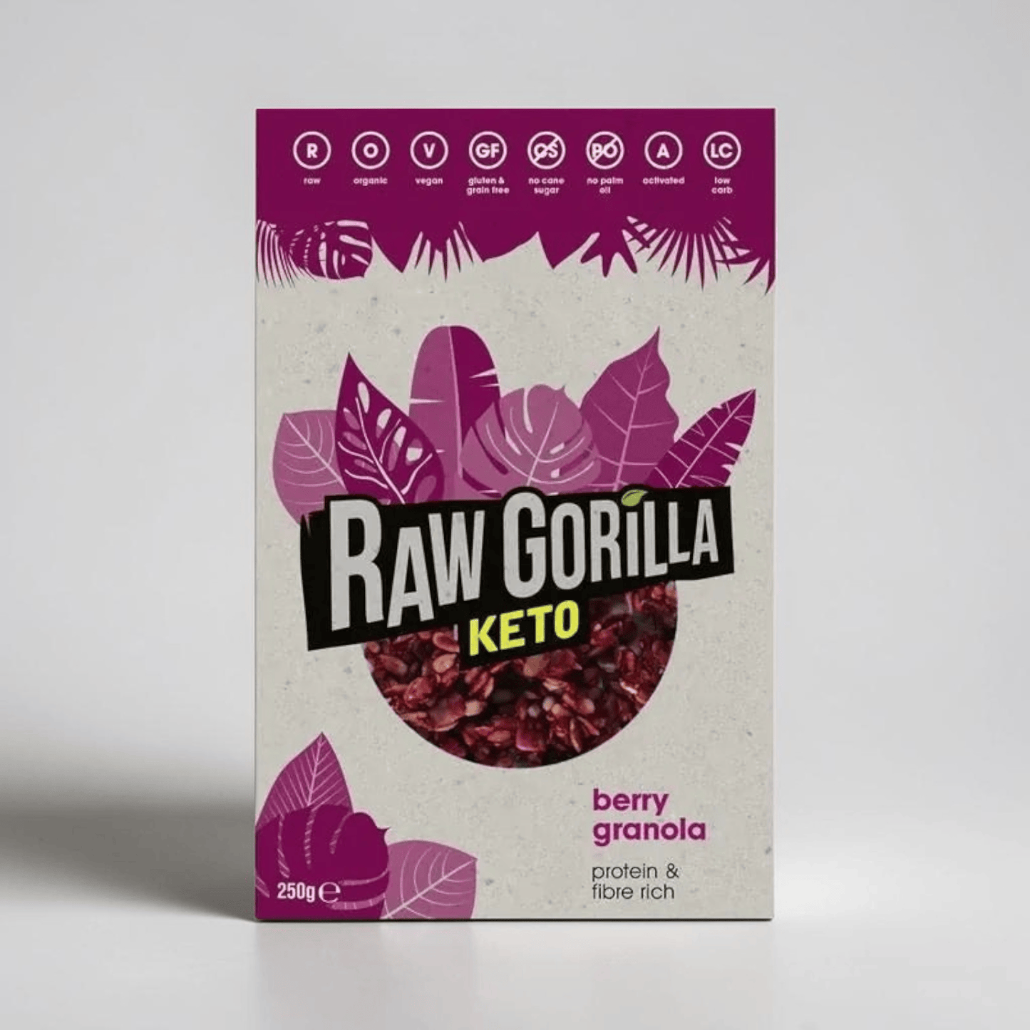 Saporia | Artisan UK Vegan Cheesemonger & Deli Raw Gorilla Keto Berry Granola in a 250g recyclable pouch.