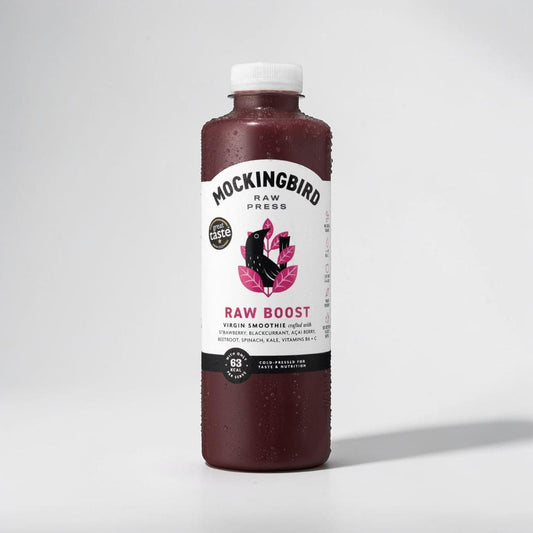 Mockingbird Raw Boost Berry & Acai smoothie bottle from Saporia | Artisan UK Vegan Cheesemonger & Deli