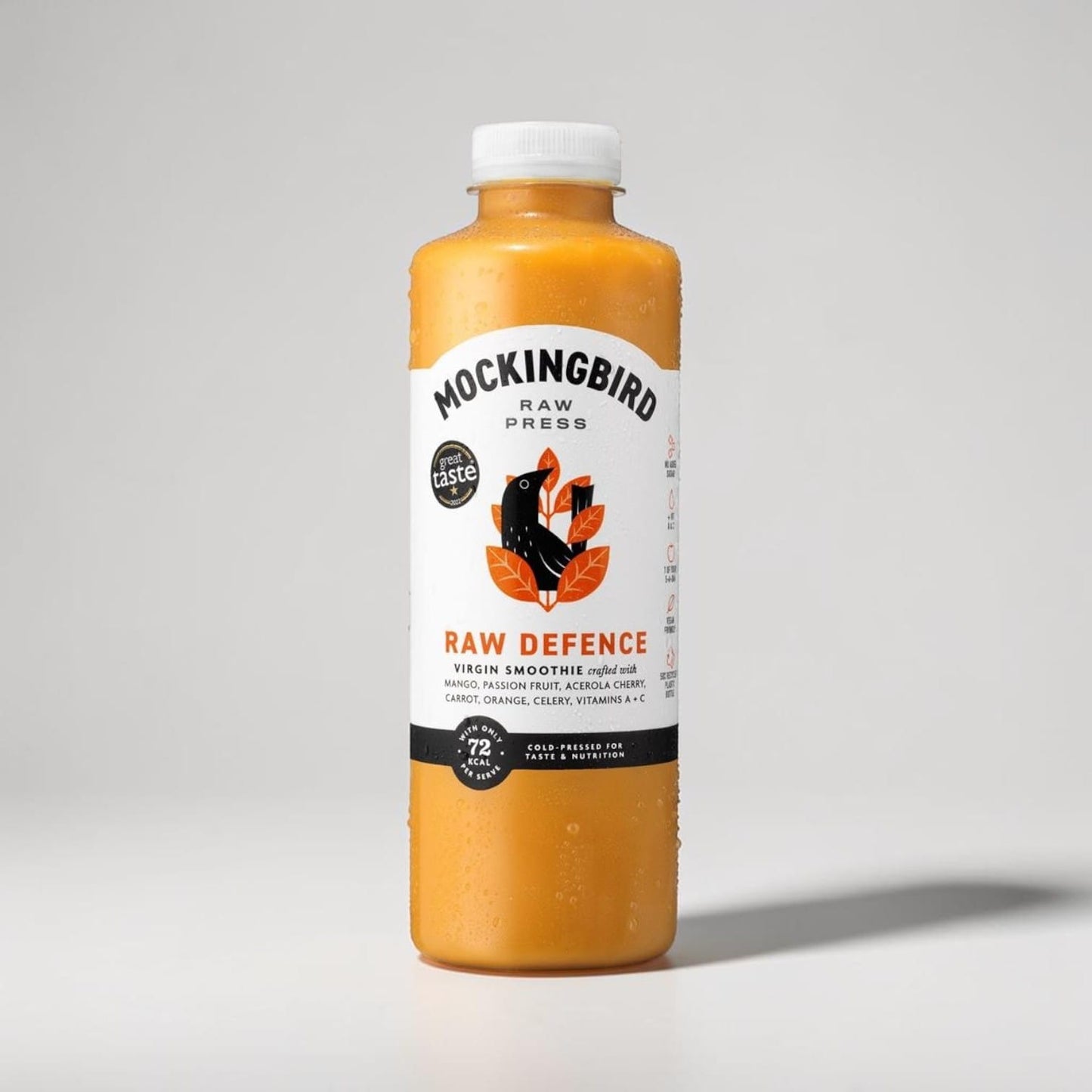 Saporia | Artisan UK Vegan Cheesemonger & Deli Mockingbird Raw Defence tropical fruit and vegetable smoothie bottle.