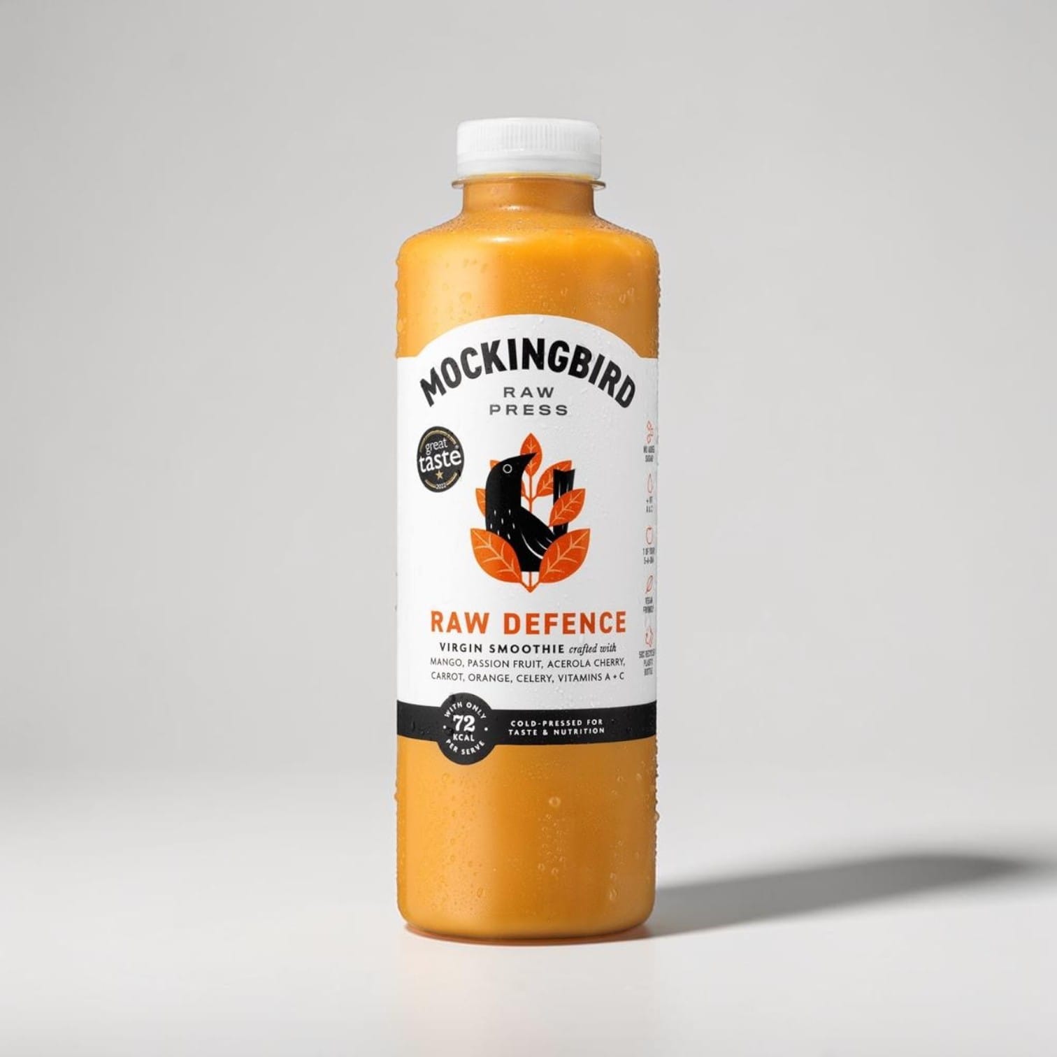 Saporia | Artisan UK Vegan Cheesemonger & Deli Mockingbird Raw Defence tropical fruit and vegetable smoothie bottle.