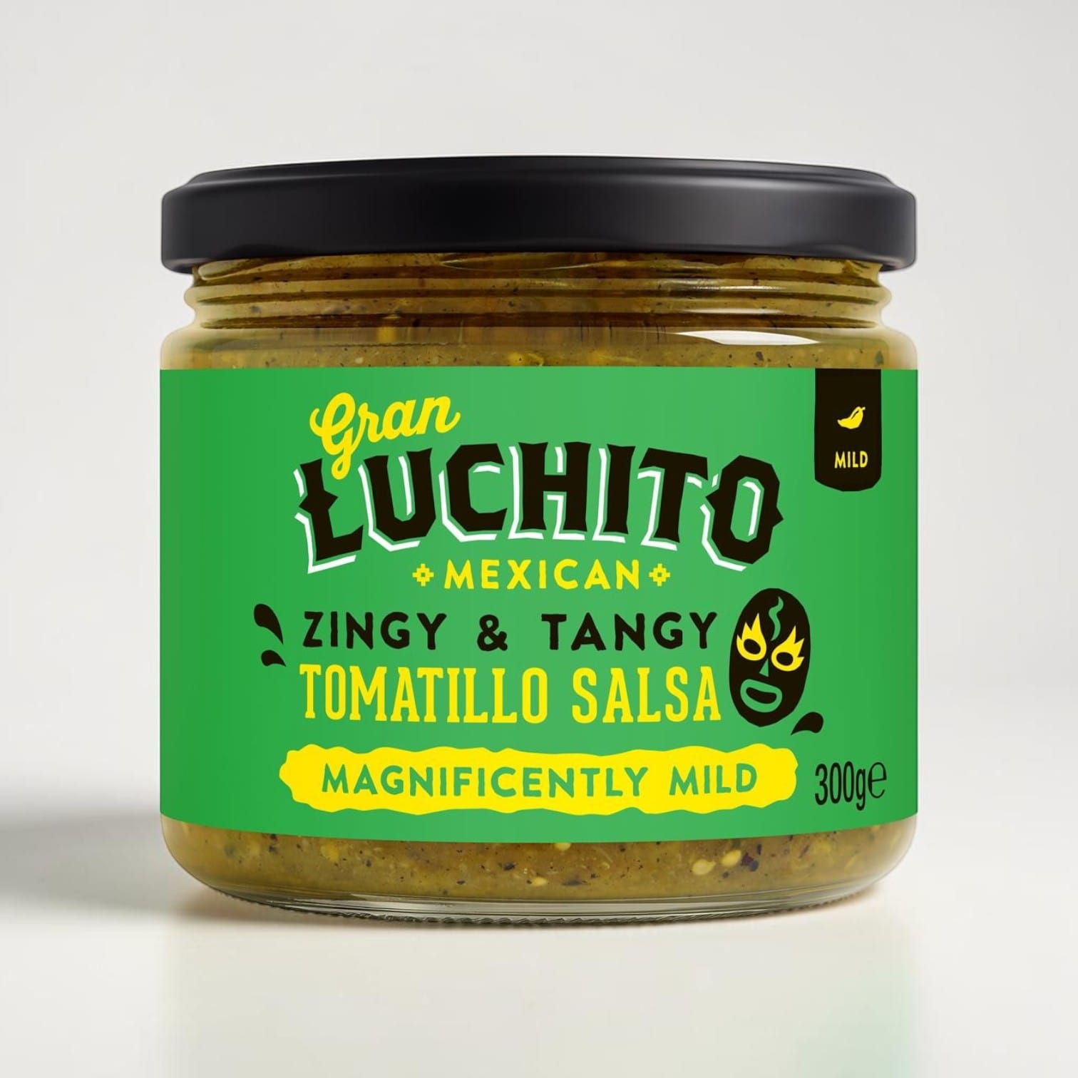Saporia | Artisan UK Vegan Cheesemonger & Deli Gran Luchito mild tomatillo salsa in a glass jar with green label.