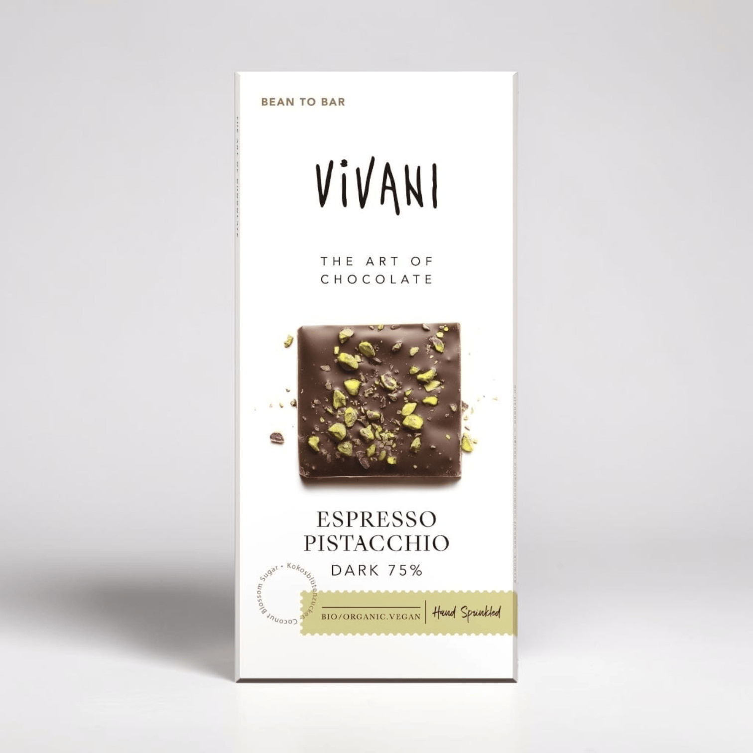 Saporia | Artisan UK Vegan Cheesemonger & Deli Vivani 75% dark chocolate bar with espresso and roasted pistachios