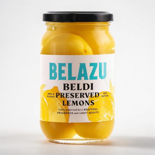 Saporia Belazu Beldi preserved lemons in a glass jar, gently preserved for fragrance and light acidity.