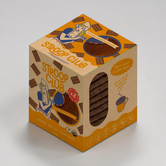 Saporia Chocolate Caramel Stroopwafel box with 8 organic, plant-based cookies, featuring Dutch-inspired illustrations and chocolate bar motifs.