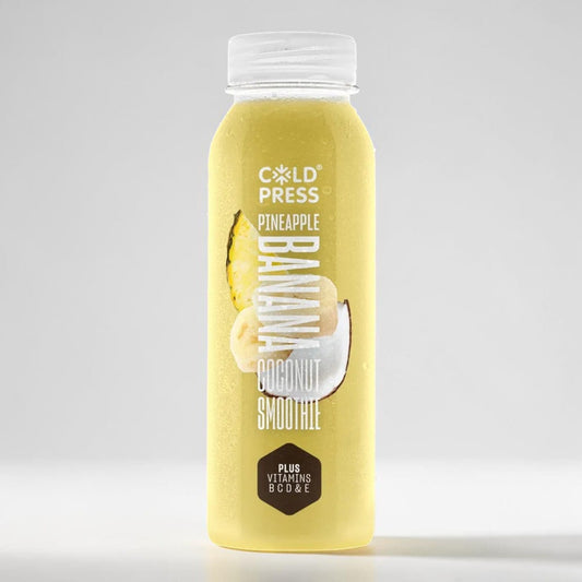 Saporia Cold Press Coconut Pineapple Banana Smoothie bottle with real fruit images and added vitamins B, C, D & E.
