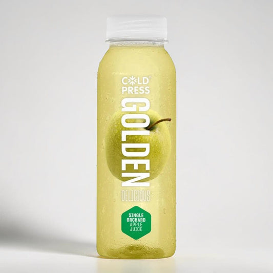 Saporia Golden Delicious single orchard apple juice in a clear bottle with a whole apple visible inside.