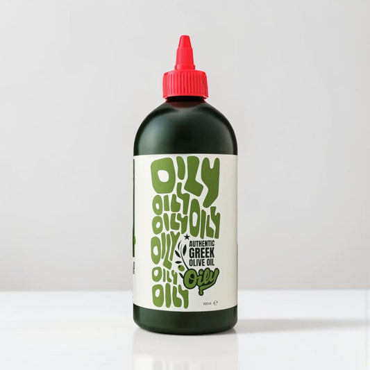 Saporia | Artisan UK Vegan Cheesemonger & Deli: Dark green squeeze bottle of Oily Authentic Greek Extra Virgin Olive Oil with a red cap.