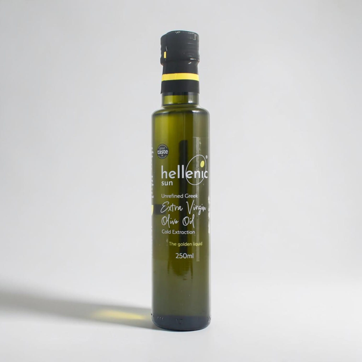 Saporia Hellenic Sun unrefined Greek Extra Virgin Olive Oil, cold extraction, 250ml bottle. Fruity flavour with peppery notes.
