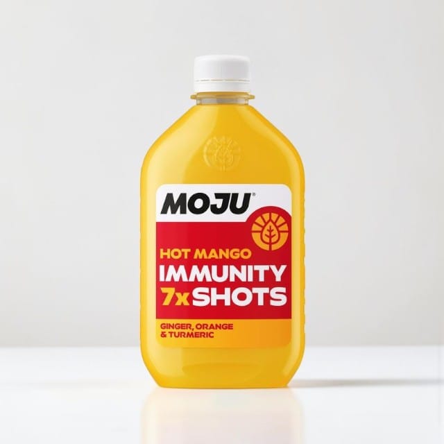 Saporia | Artisan UK Vegan Cheesemonger & Deli Hot Mango Immunity Dosing Bottle with 7 servings of ginger, orange, and turmeric shots.