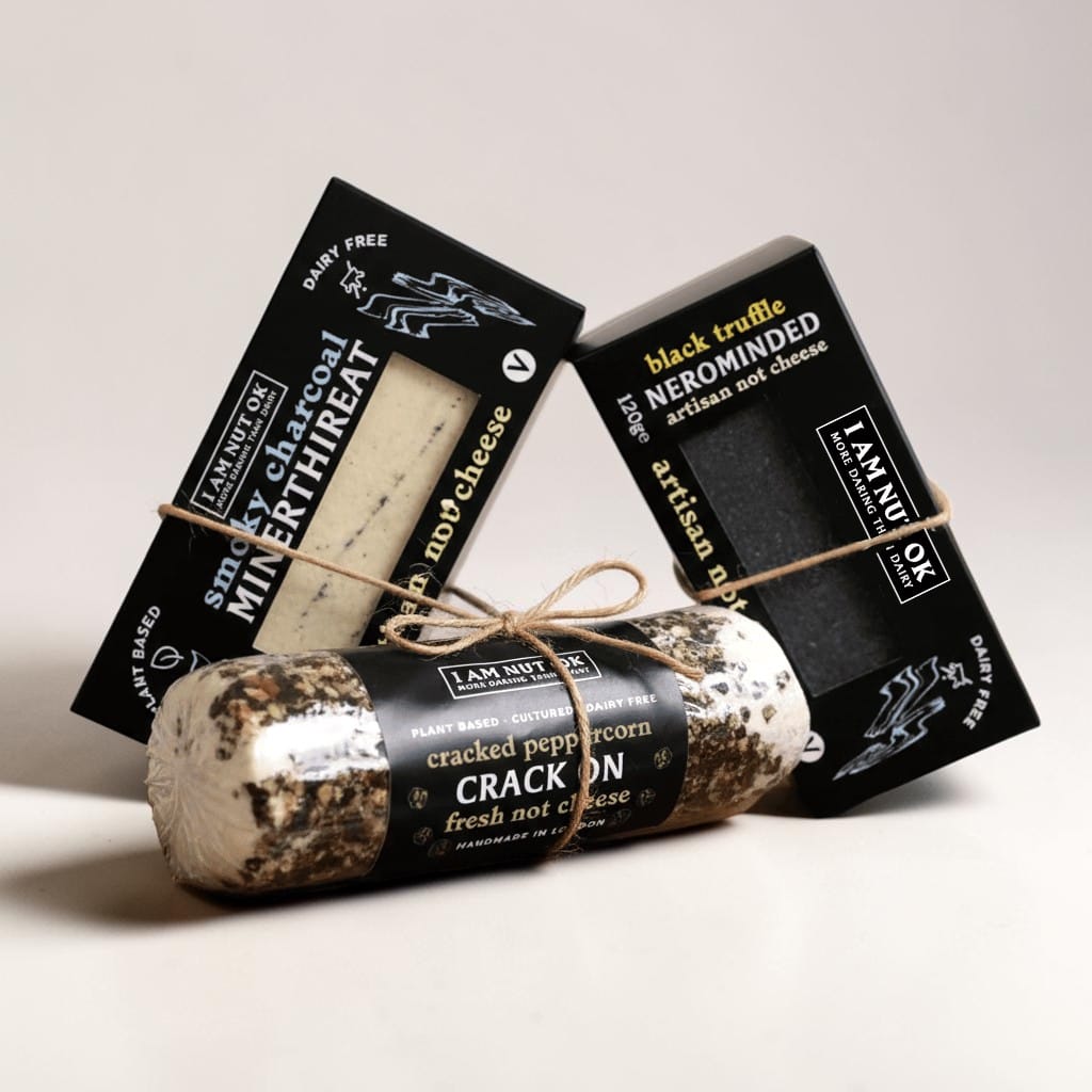 Saporia I Am Nut Ok bundle of three plant-based cheeses: Crack On, Minerthreat, and Nerominded.
