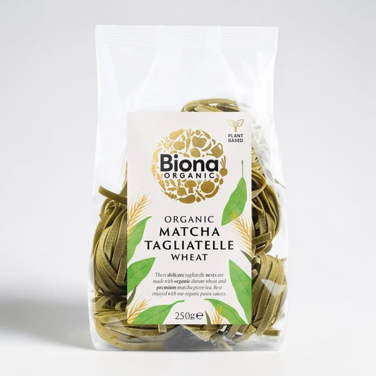 Saporia Organic Matcha Wheat Tagliatelle Nests, green pasta made with durum wheat and matcha powder, vegan, 250g.