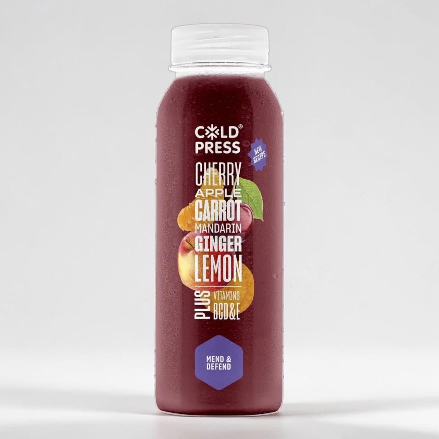 Saporia Cold Press Mend & Defend juice blend with cherry, apple, carrot, mandarin, ginger, lemon, and vitamins B, C, D, E.