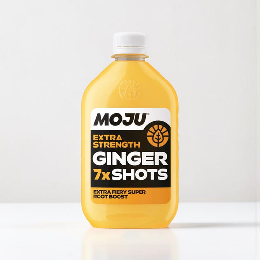 Saporia | Artisan UK Vegan Cheesemonger & Deli Moju Extra Strength Ginger 7x Shots bottle, yellow liquid, extra fiery root boost.