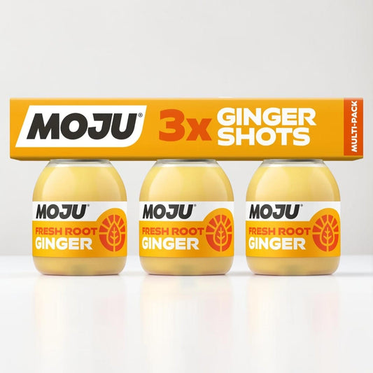 Saporia | Artisan UK Vegan Cheesemonger & Deli Moju 3x60ml multipack of fresh root ginger shots. Yellow liquid in clear bottles with orange and white labels.