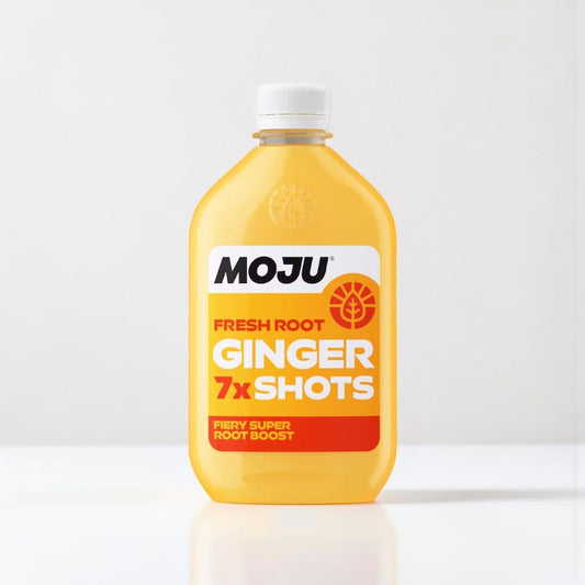 Saporia | Artisan UK Vegan Cheesemonger & Deli, Moju Ginger Vitality Dosing Bottle with 7 shots, yellow bottle with white cap, ginger root boost.