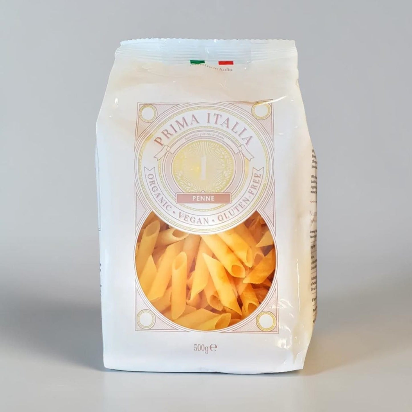 Saporia Organic Corn Penne 500g, gluten-free pasta with a traditional penne shape and texture.