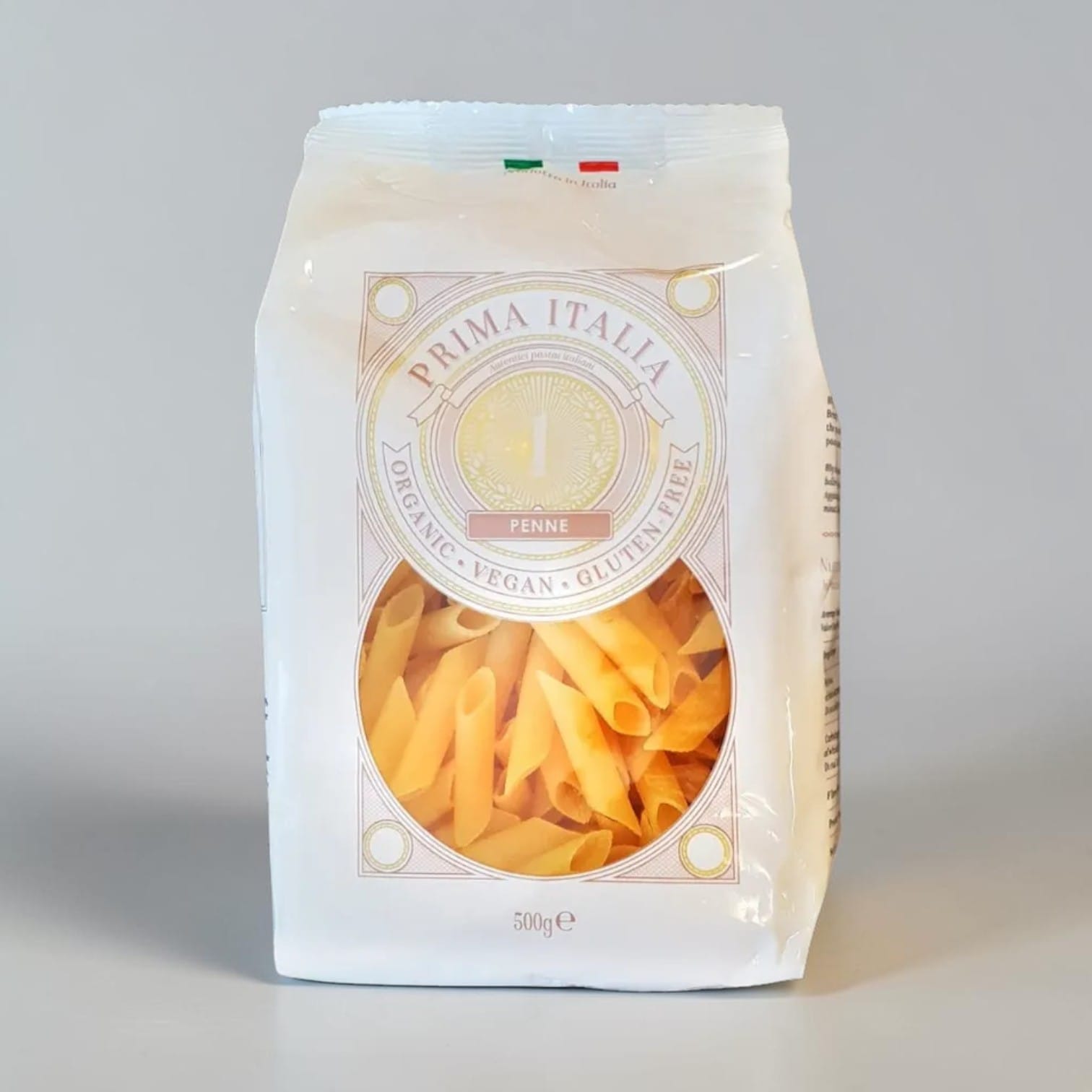 Saporia Organic Corn Penne 500g, gluten-free pasta with a traditional penne shape and texture.