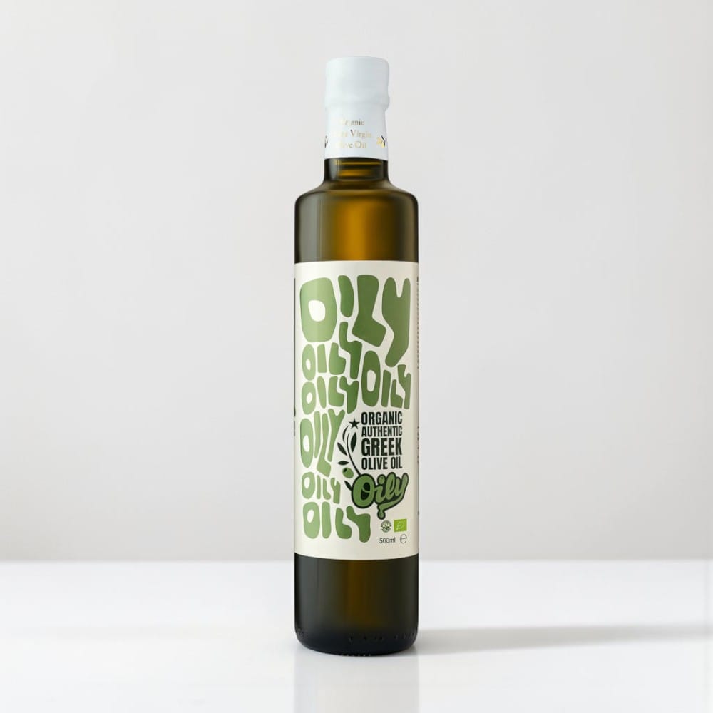 Saporia | Artisan UK Vegan Cheesemonger & Deli Organic Greek Extra Virgin Olive Oil in a dark green glass bottle with a white cap and a green label.