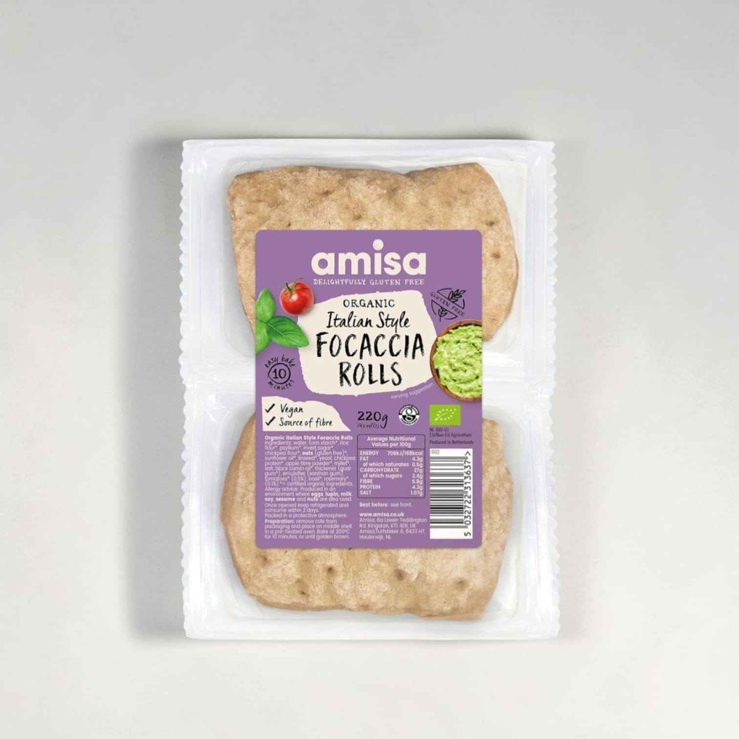 Saporia Organic Italian Style Gluten Free Focaccia Rolls, vegan, source of fibre, 220g pack.