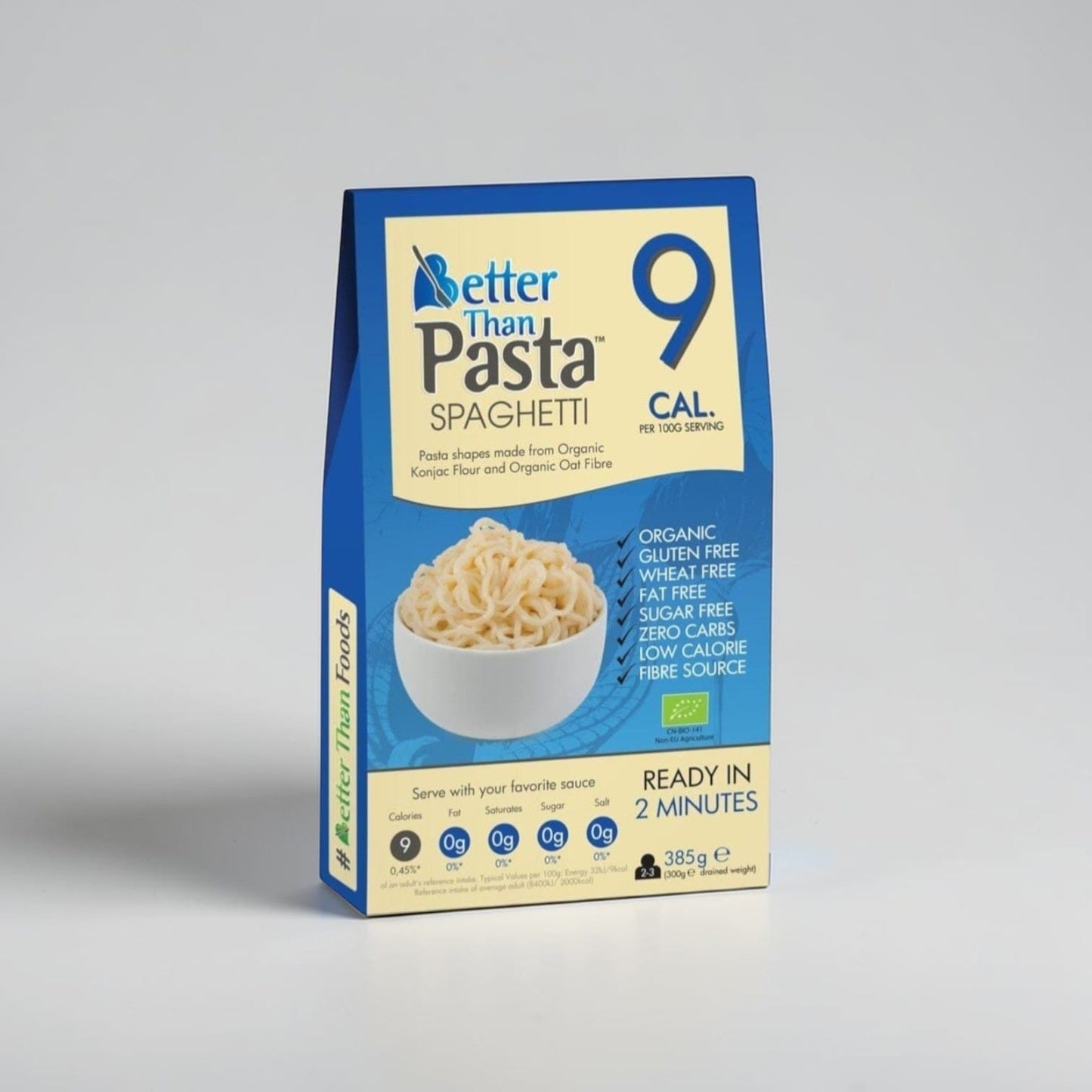 Saporia Organic Konjac Spaghetti Pasta, gluten-free, wheat-free, sugar-free, low calorie, fibre source, ready in 2 minutes.