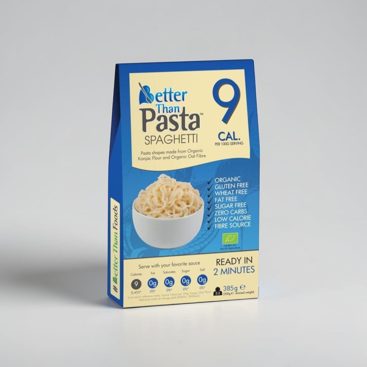 Saporia Organic Konjac Spaghetti Pasta, gluten-free, wheat-free, sugar-free, low calorie, fibre source, ready in 2 minutes.