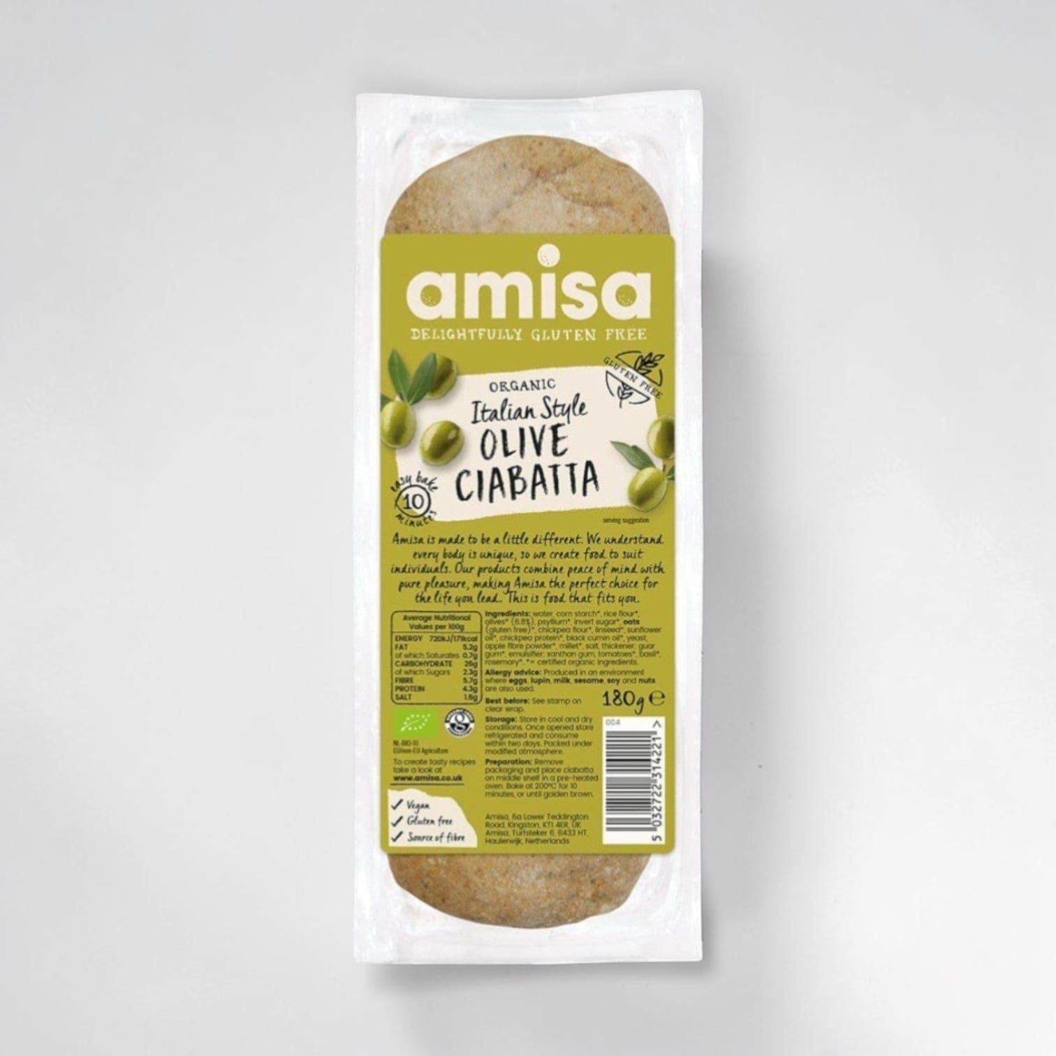 Saporia Organic Olive Ciabatta Gluten Free bread, Italian style, with olives, 180g pack.