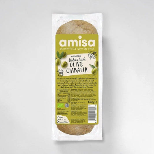 Saporia Organic Olive Ciabatta Gluten Free bread, Italian style, with olives, 180g pack.