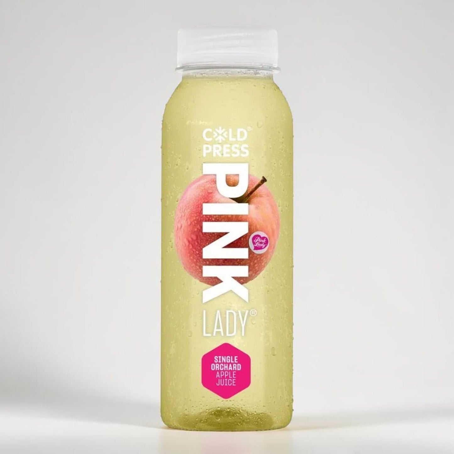 Saporia Pink Lady single orchard apple juice in a clear bottle with condensation. Crisp, tangy-sweet flavour.