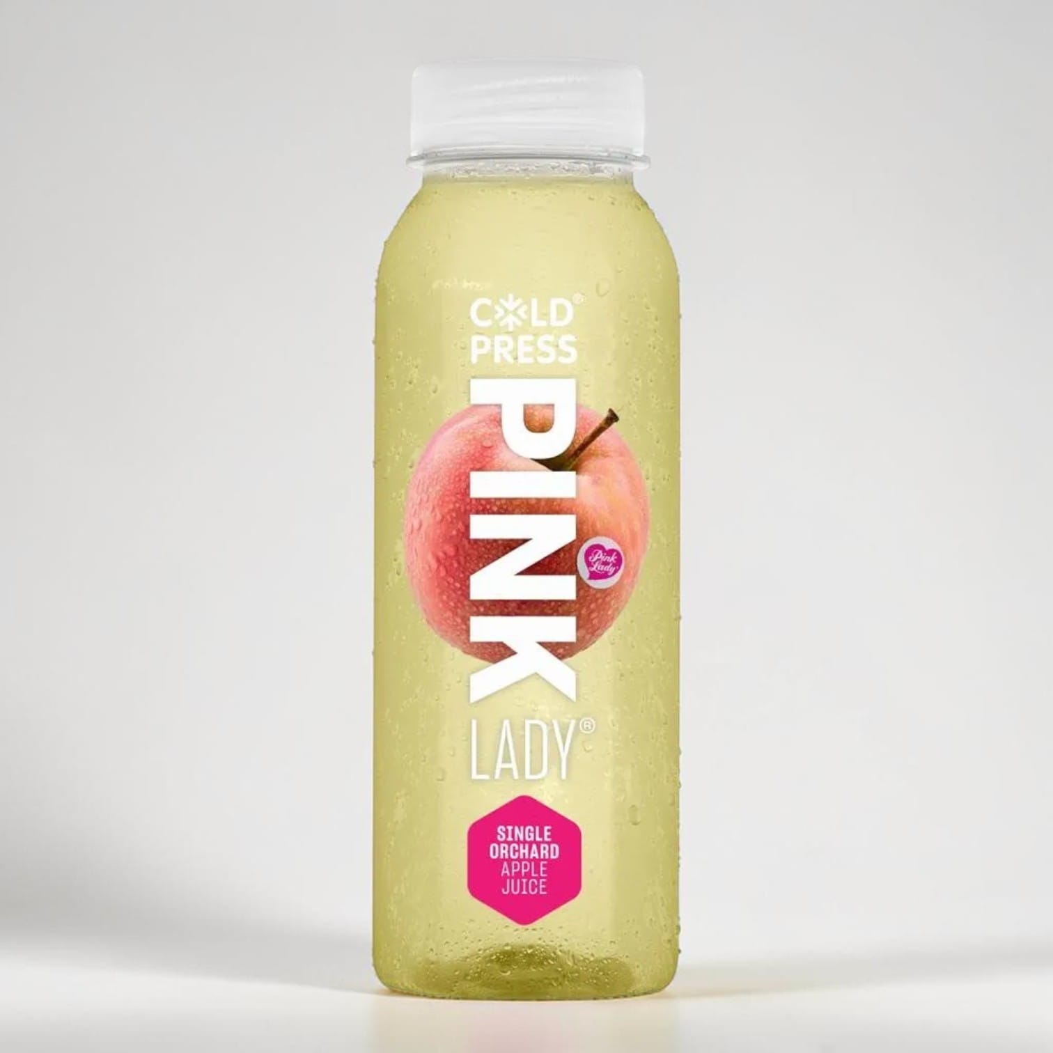 Saporia Pink Lady single orchard apple juice in a clear bottle with condensation. Crisp, tangy-sweet flavour.