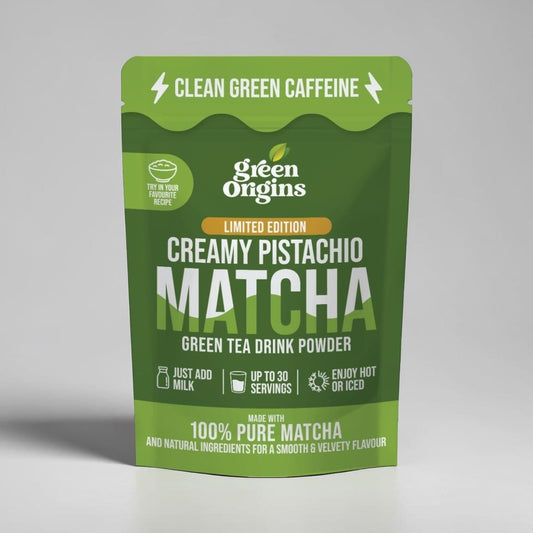 Green Origins Creamy Pistachio Matcha powder pouch, a limited edition green tea drink powder made with 100% pure matcha and natural ingredients for a smooth, velvety flavour.