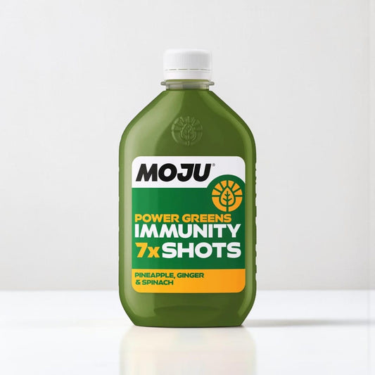 Saporia | Artisan UK Vegan Cheesemonger & Deli Power Greens Immunity 7x Shots bottle with pineapple, ginger, spinach, and jalapeño flavour.