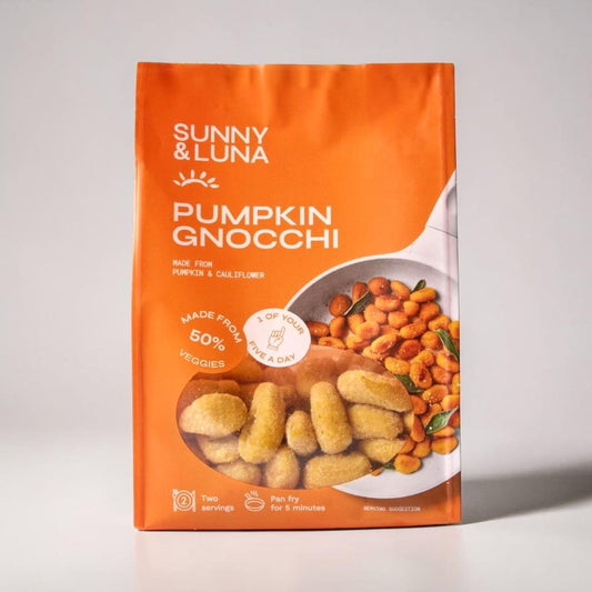 Saporia Sunny & Luna Pumpkin Gnocchi made with 50% veggies, gluten-free and plant-based.