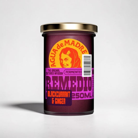 Saporia Remedio Blackcurrant & Ginger Cultured Infusion 250ml jar. Fermented drink with fruity blackcurrant and spicy ginger.