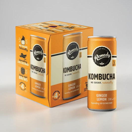 Saporia Remedy Kombucha Ginger Lemon multi-pack of four 330ml cans, no sugar, naturally sparkling live cultured drink.