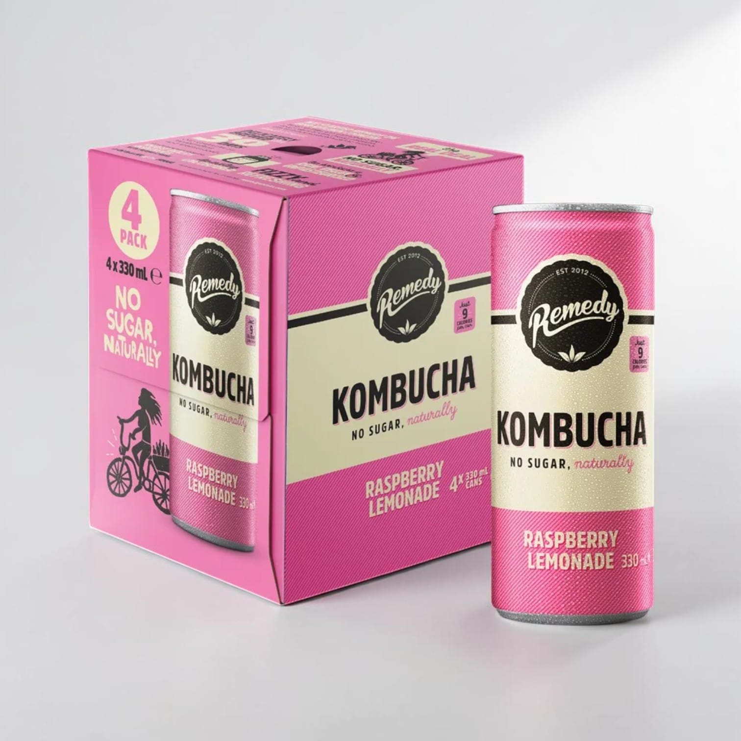 Saporia Remedy Kombucha Raspberry Lemonade multipack 4x330ml cans, no sugar, naturally.