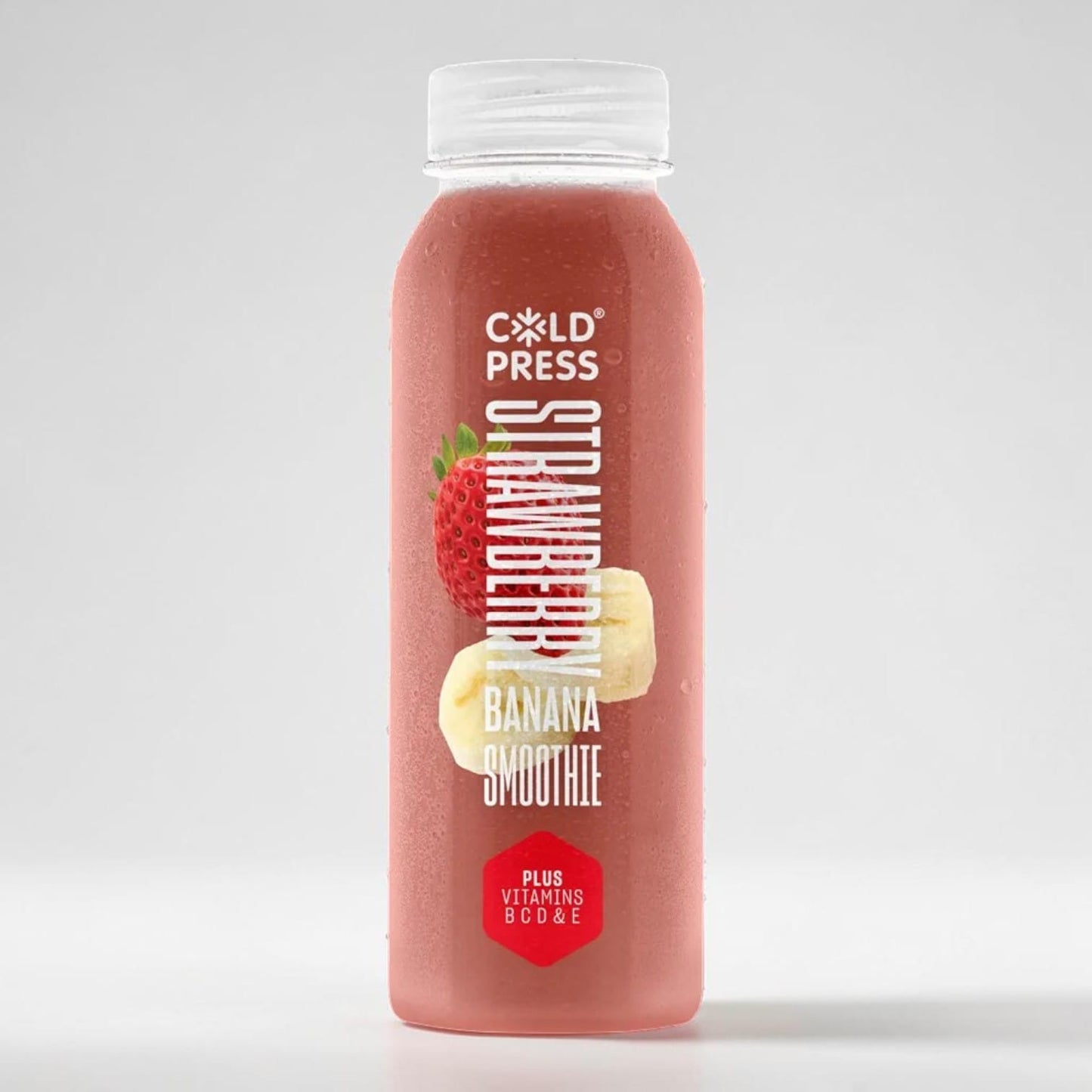 Saporia Cold Press Strawberry & Banana Smoothie, a pink, cold beverage in a clear bottle with a white cap, featuring real strawberry and banana slices on the label.