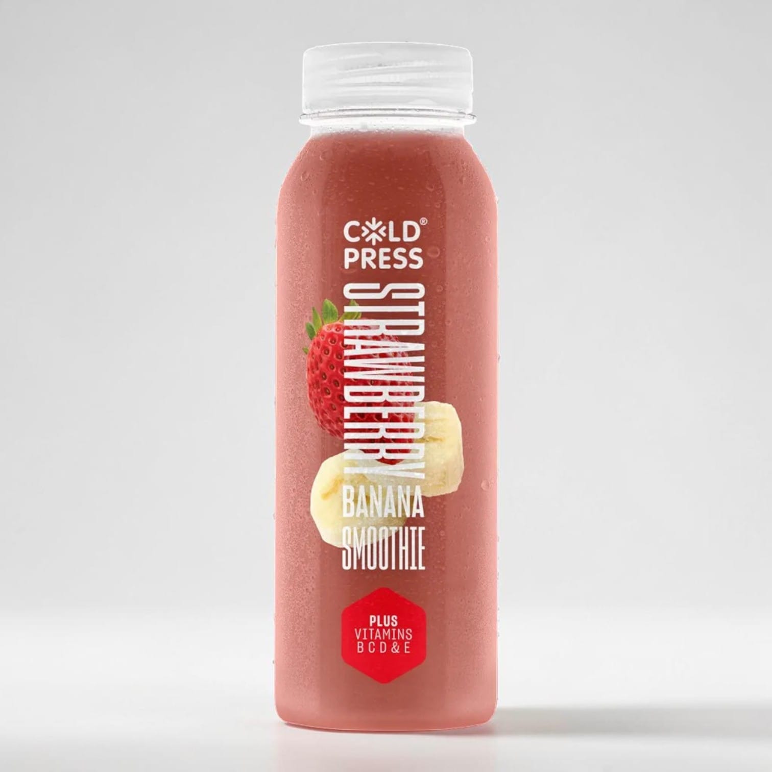 Saporia Cold Press Strawberry & Banana Smoothie, a pink, cold beverage in a clear bottle with a white cap, featuring real strawberry and banana slices on the label.