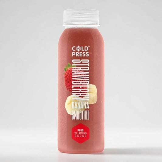 Saporia Cold Press Strawberry & Banana Smoothie, a pink, cold beverage in a clear bottle with a white cap, featuring real strawberry and banana slices on the label.