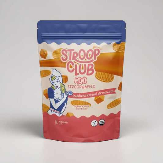 Saporia Traditional Caramel Stroopwafel Mini's Pouch - bite-sized vegan stroopwafels with caramel filling, organic ingredients.