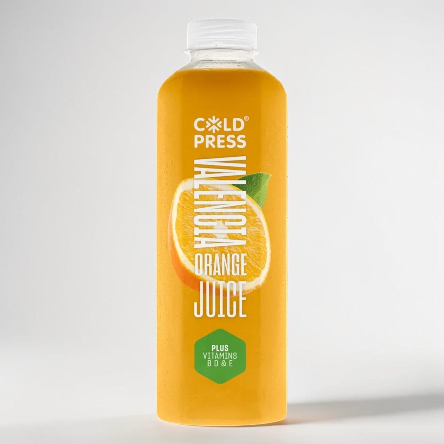 Saporia cold-pressed Valencia orange juice in a 750ml bottle, enriched with vitamins B, D & E.