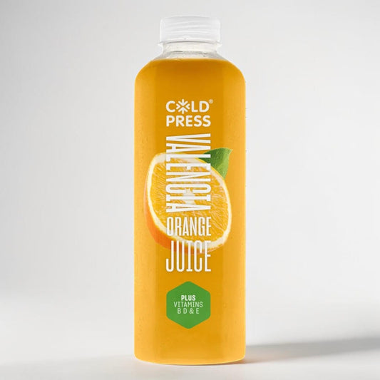 Saporia cold-pressed Valencia orange juice in a 750ml bottle, enriched with vitamins B, D & E.