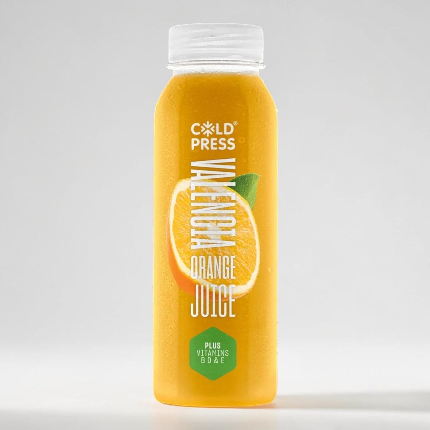 Saporia cold-pressed Valencian orange juice in a 250ml bottle, with added vitamins B, D & E.