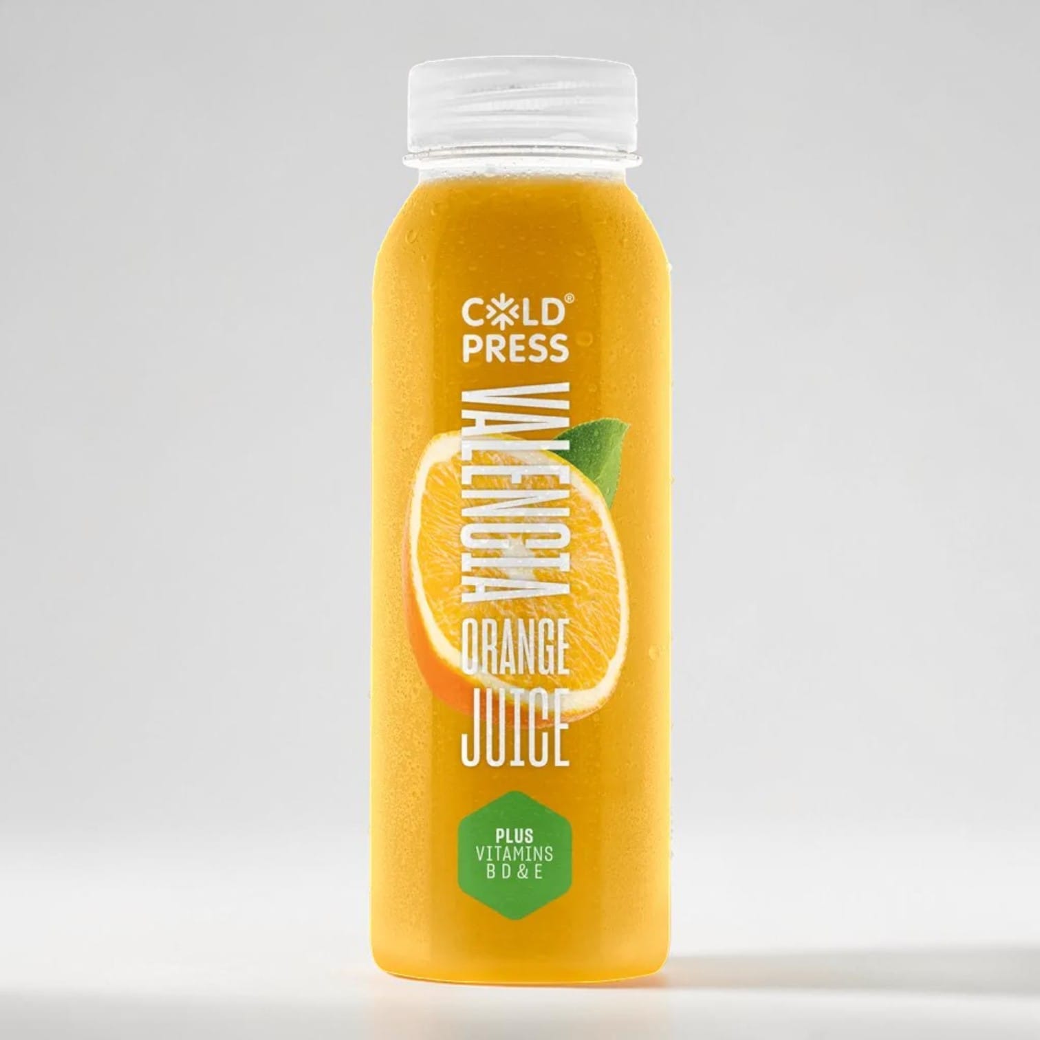 Saporia cold-pressed Valencian orange juice in a 250ml bottle, with added vitamins B, D & E.