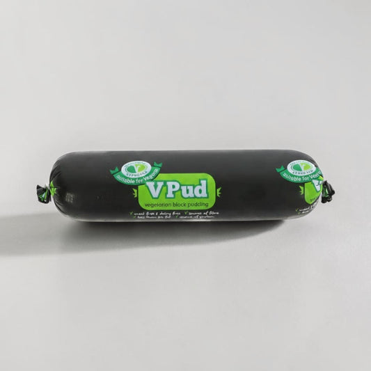 Saporia VPud vegan black pudding chub made with pearl barley, oatmeal, and spices. Vegetarian Society approved.