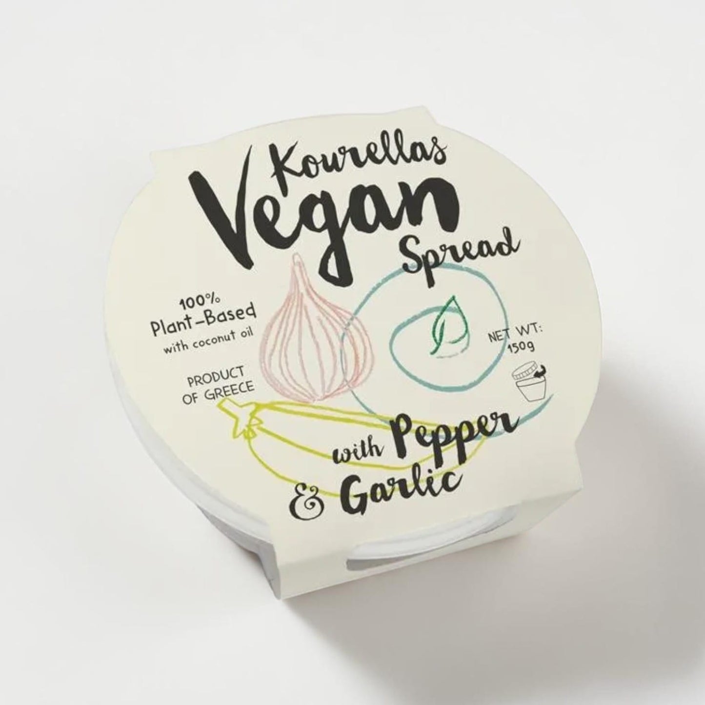 Saporia Kourellas Vegan Spread with Pepper & Garlic, 150g tub. 100% plant-based with coconut oil, product of Greece.