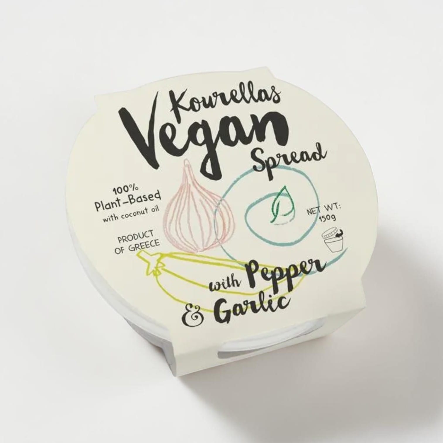 Saporia Kourellas Vegan Spread with Pepper & Garlic, 150g tub. 100% plant-based with coconut oil, product of Greece.