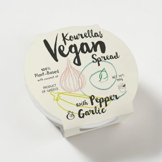 Saporia Kourellas Vegan Spread with Pepper & Garlic, 150g tub. 100% plant-based with coconut oil, product of Greece.