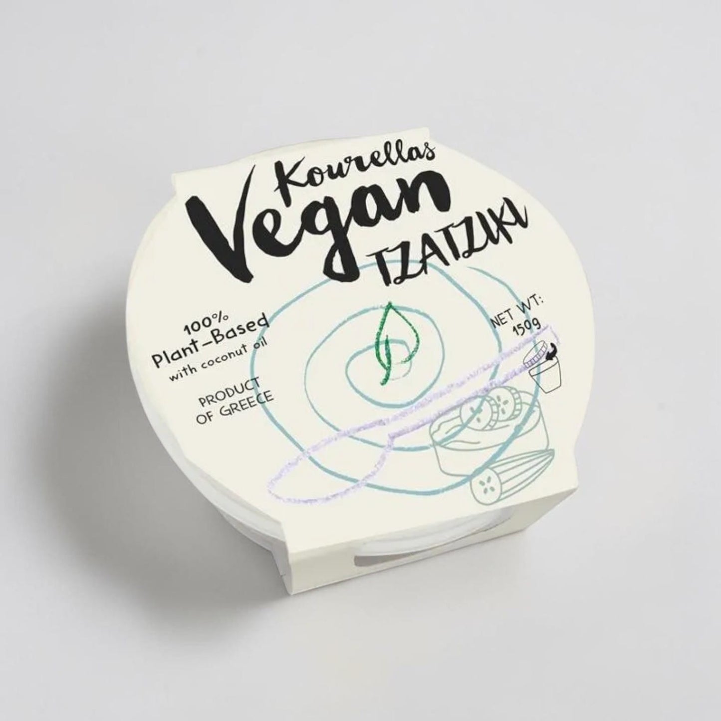 Saporia Kourellas Vegan Tzatziki 150g, a plant-based dip made with coconut oil and cucumber, product of Greece.