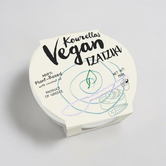 Saporia Kourellas Vegan Tzatziki 150g, a plant-based dip made with coconut oil and cucumber, product of Greece.